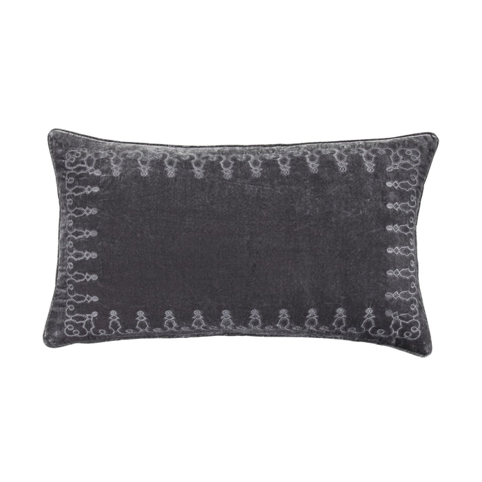 Stella - Faux Silk Velvet Embroidered Lumbar Pillow - Dark Slate
