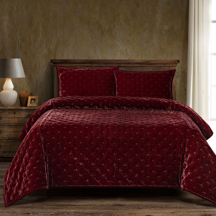 Stella - Full/Queen Faux Silk Velvet Pintuck Quilt Set (Set of 3) - Garnet Red