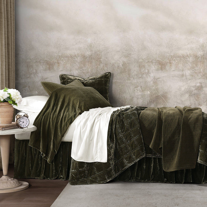 Stella - Full/Queen Faux Silk Velvet Double Box Stitch Quilt Set (Set of 3) - Fern Green
