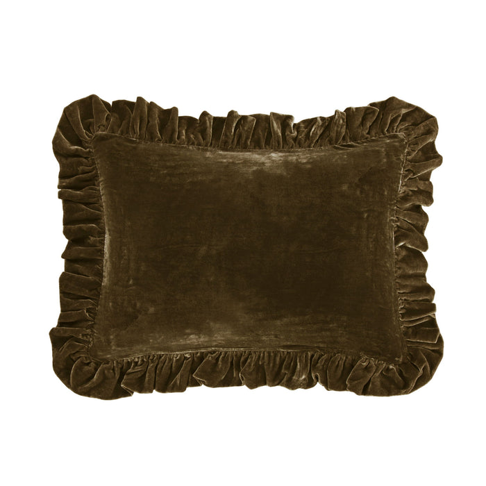 Stella - Faux Silk Velvet Ruffled Oblong Pillow - Green Ochre