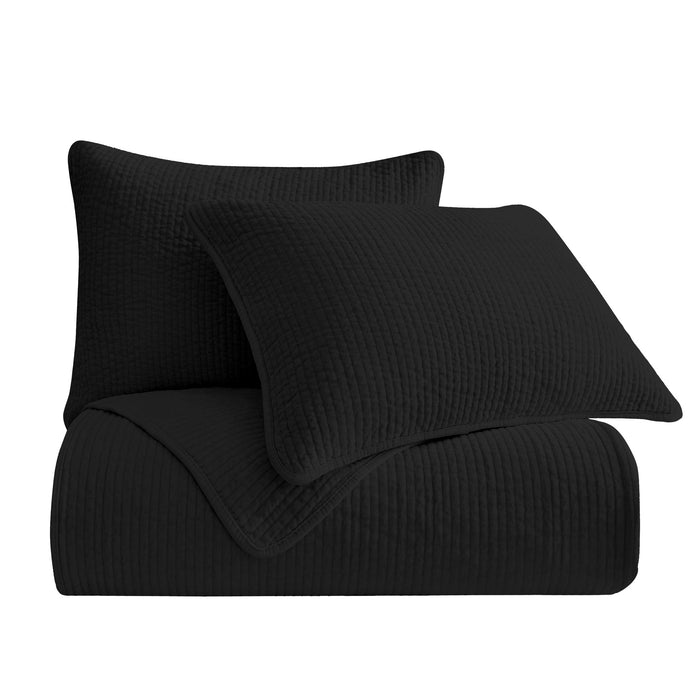 Stonewashed Cotton Velvet - King Quilt Set (Set of 3) - Black