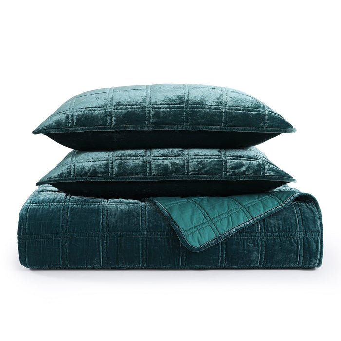 Stella - Full/Queen Faux Silk Velvet Double Box Stitch Quilt Set (Set of 3) - Storm Blue