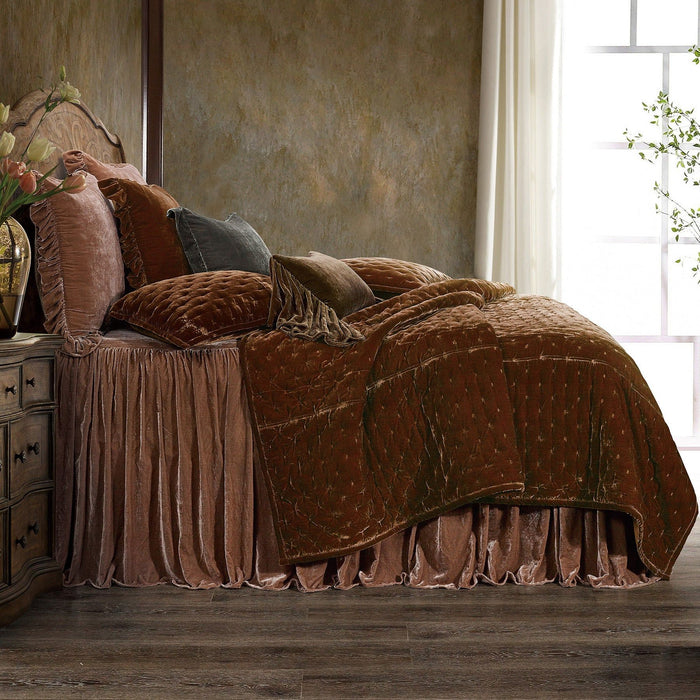 Stella - King Faux Silk Velvet Pintuck Quilt Set (Set of 3) - Copper Brown