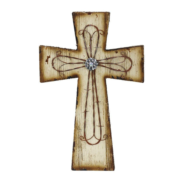 Wall Décor - 10" x 15" Distressed Wood & Barbwire Cross Wall Décor 4 Per Carton - Cream
