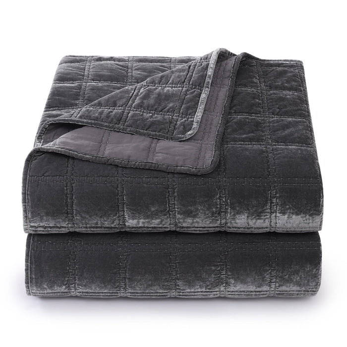 Stella - King Faux Silk Velvet Double Box Stitch Quilt Set (Set of 3) - Slate