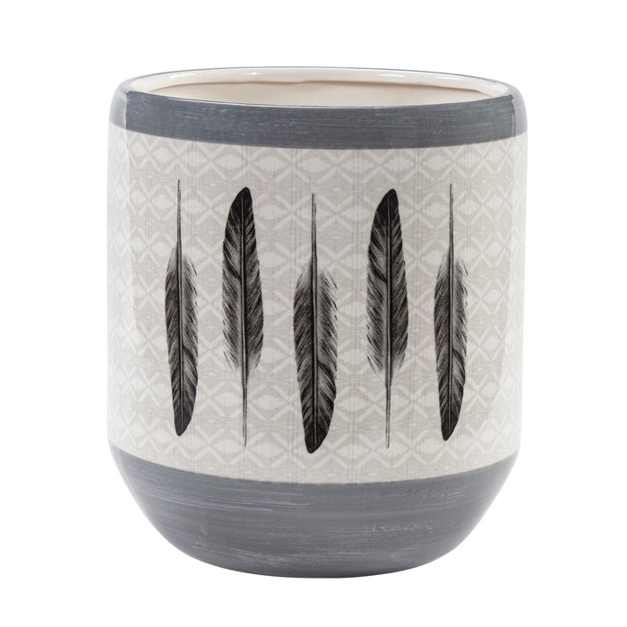 Tossed Feather - Feather Design Ceramic Wastebasket, 2 Per Carton - Cream / Gray