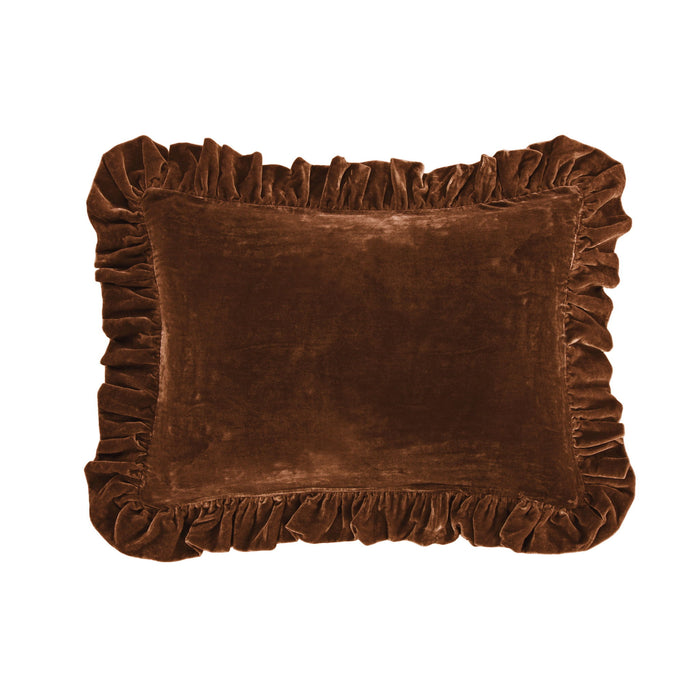 Stella - Faux Silk Velvet Ruffled Oblong Pillow - Copper Brown