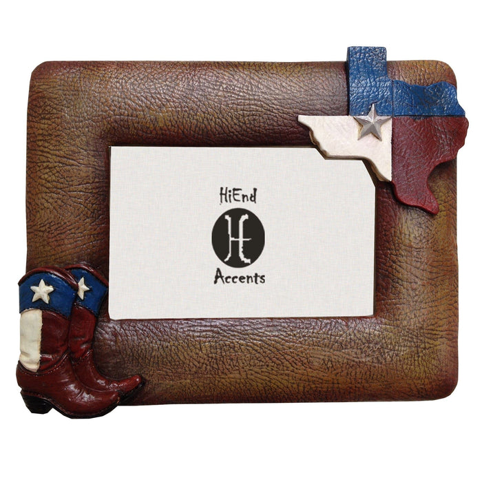 Texas Themed - 4" x 6" Texas Flag & Boots Picture Frame 4 Per Carton - Brown