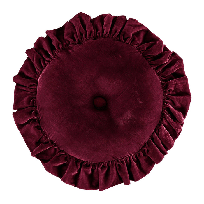 Stella - Faux Silk Velvet Ruffled Round Pillow - Garnet Red