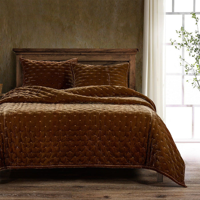 Stella - Full/Queen Faux Silk Velvet Pintuck Quilt Set (Set of 3) - Copper Brown