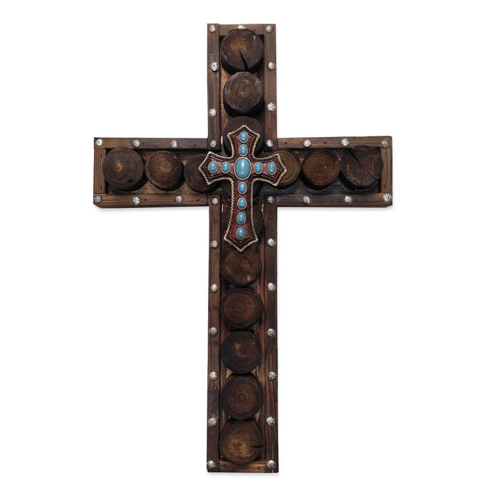 Cross - 20" x 13.5" Studded Wood & Turquoise Cross Wall Décor 4 Per Carton - Dark Brown