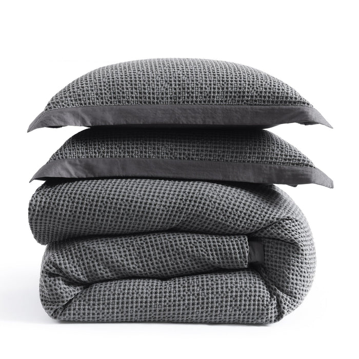 Stonewashed Cotton Waffle Weave - King Duvet Cover Set (Set of 3) - Slate