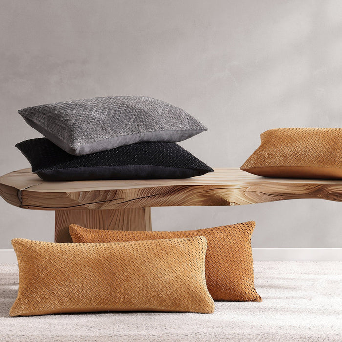 Genuine Leather - Woven Suede Lumbar Pillow - Gray