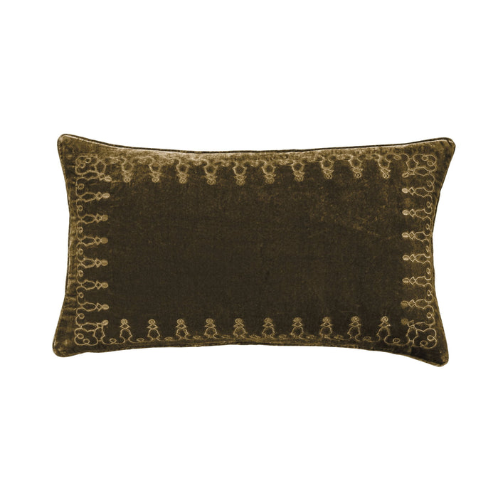 Stella - Faux Silk Velvet Embroidered Lumbar Pillow - Green Ochre