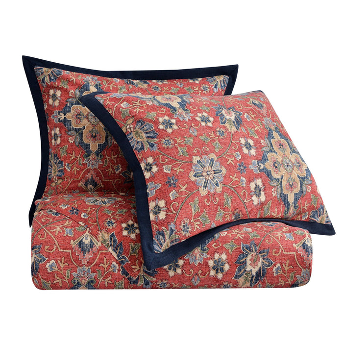 Melinda - Queen Washed Linen Comforter Set (Set of 3) - Red / Navy