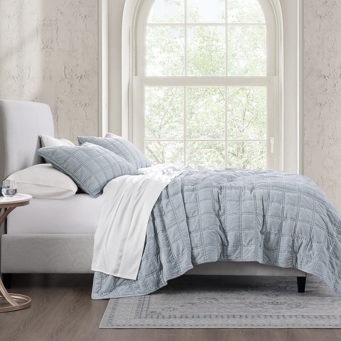Stella - King Faux Silk Velvet Double Box Stitch Quilt Set (Set of 3) - Icy Blue