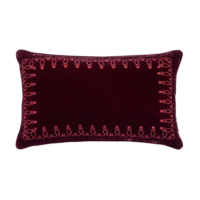 Stella - Faux Silk Velvet Embroidered Lumbar Pillow - Garnet Red