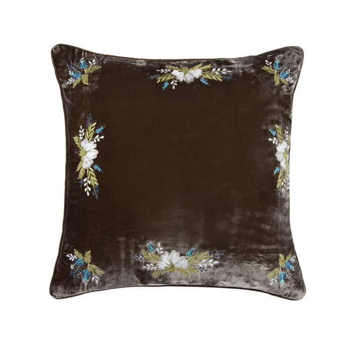 Stella - Western Floral Embroidered Faux Silk Velvet Pillow - Green Ochre