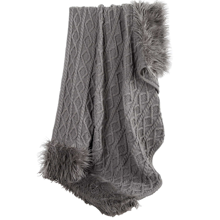 Nordic - Cable Knit & Mongolian Fur Oversized Throw Blanket - Gray