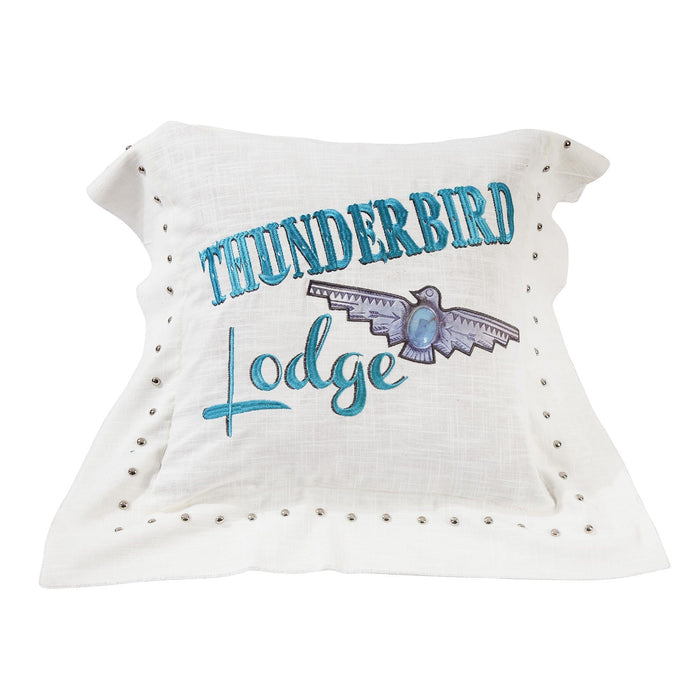 Serape - Embroidered Thunderbird Lodge Linen Pillow - Turquoise