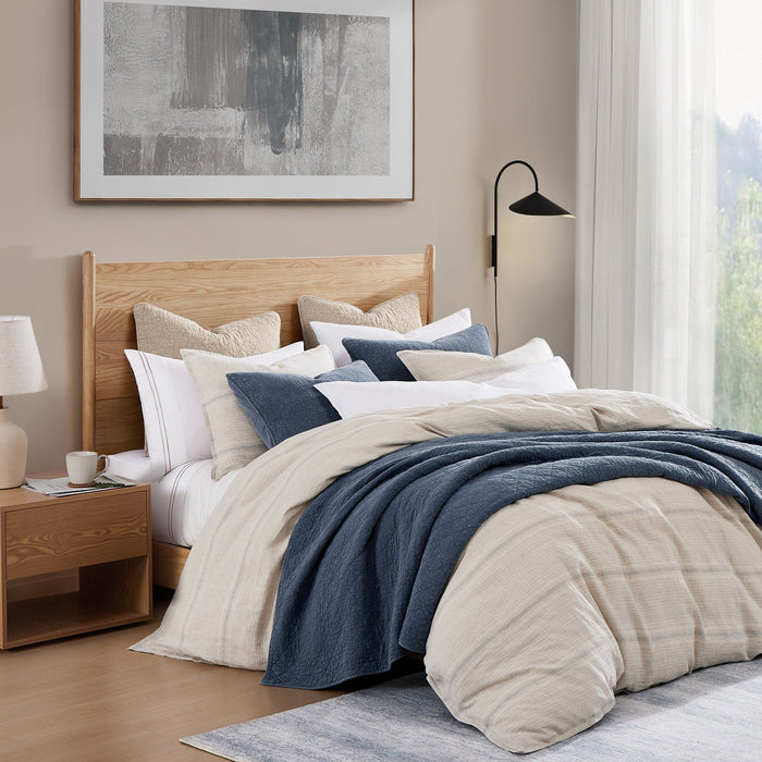 100% French Flax Linen - King Variegated Stripe Duvet Cover Set (Set of 3) - Natural / Light Blue