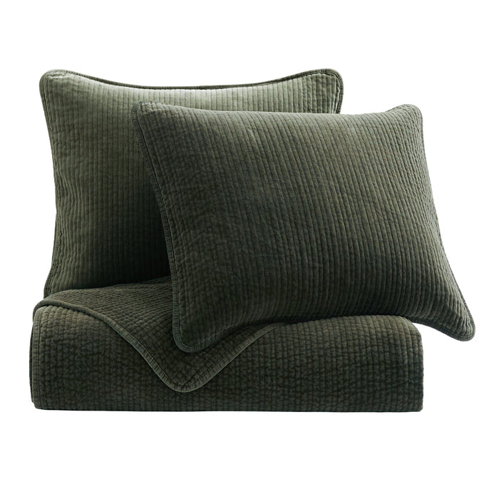 Stonewashed Cotton Velvet - King Quilt Set (Set of 3) - Fern Green