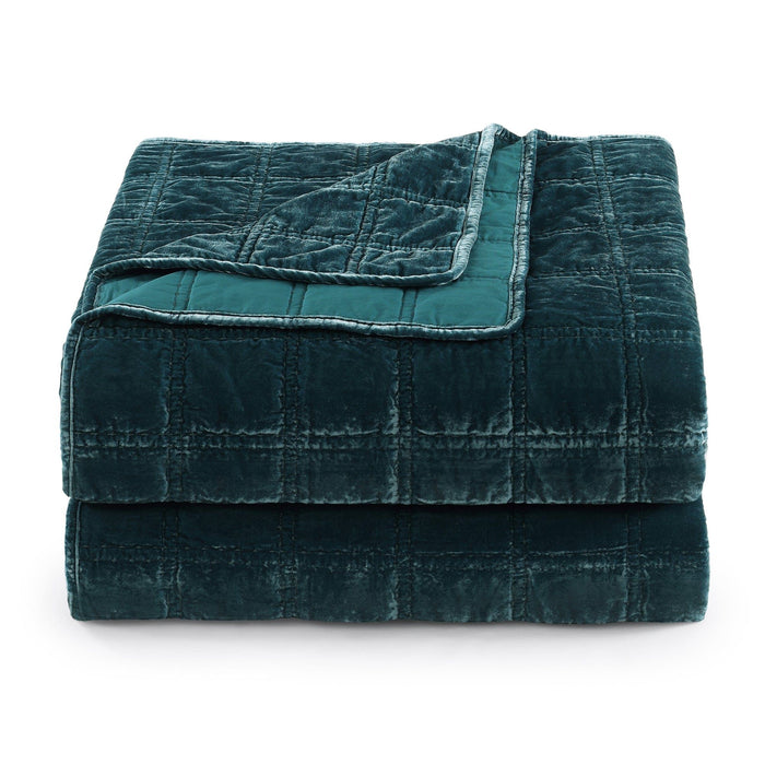 Stella - King Faux Silk Velvet Double Box Stitch Quilt Set (Set of 3) - Storm Blue