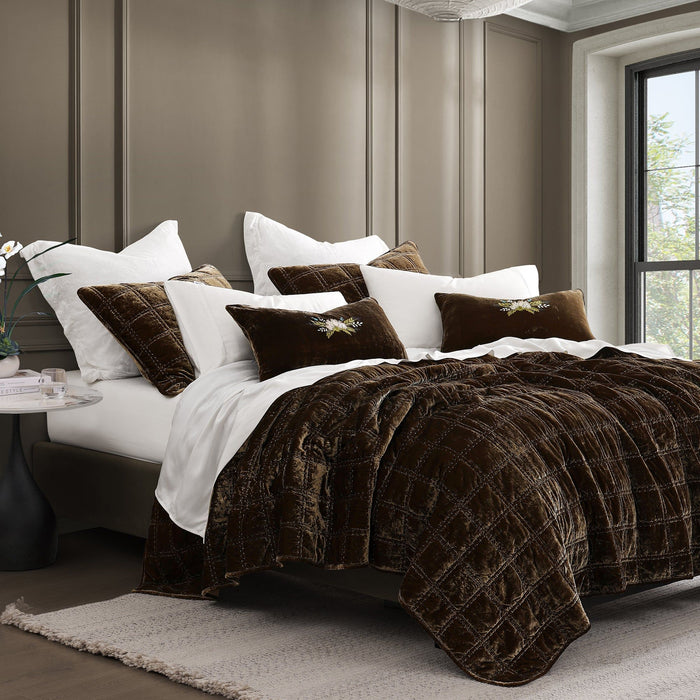 Stella - Full/Queen Faux Silk Velvet Double Box Stitch Quilt Set (Set of 3) - Green Ochre