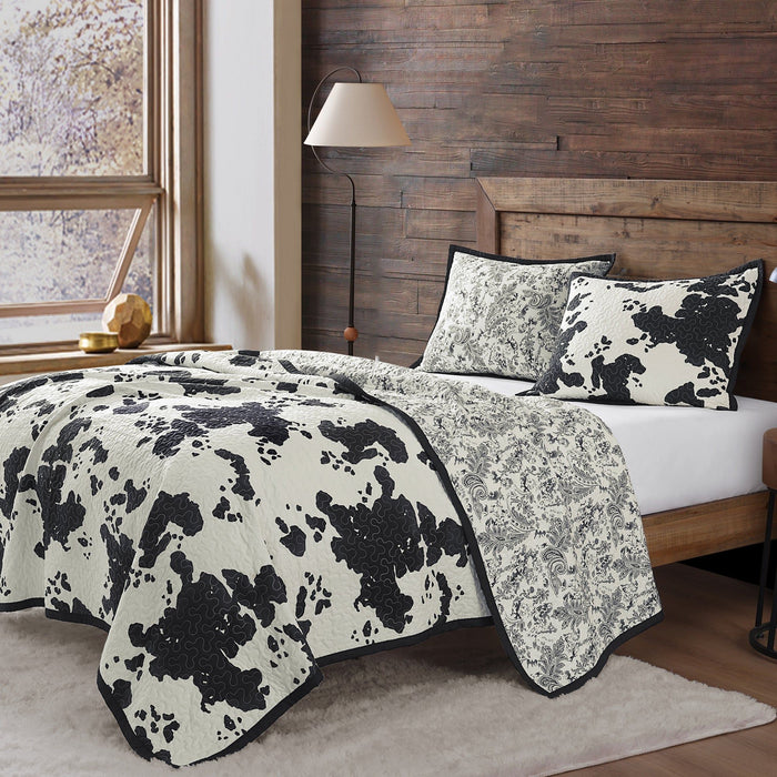 Clara - Full/Queen Cowhide Reversible Quilt Set (Set of 3) - Black