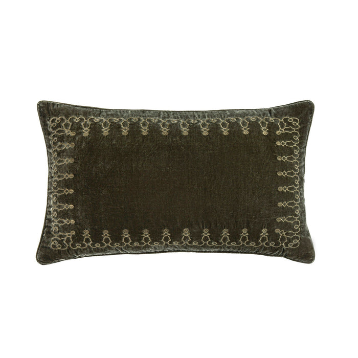 Stella - Faux Silk Velvet Embroidered Lumbar Pillow - Fern Green