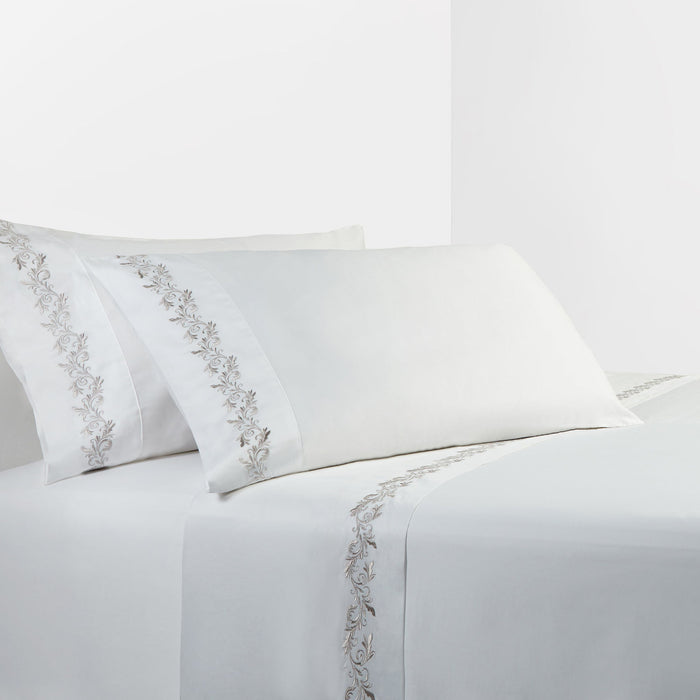 Scroll Sheet - Queen 350TC Gray Scroll Embroidered Sheet Set (Set of 4) - White