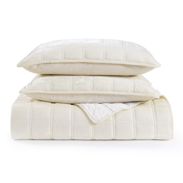 Stella - King Faux Silk Velvet Double Box Stitch Quilt Set (Set of 3) - Stone