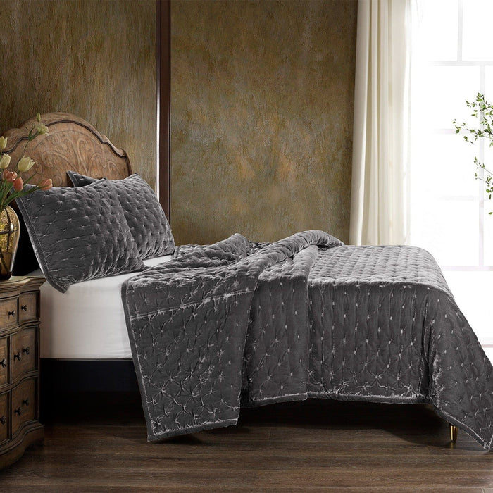 Stella - King Faux Silk Velvet Pintuck Quilt Set (Set of 3) - Dark Slate