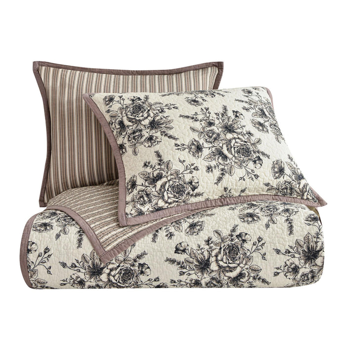 Lyla - Twin Reversible Floral Print Quilt Set (Set of 2) - White / Brown