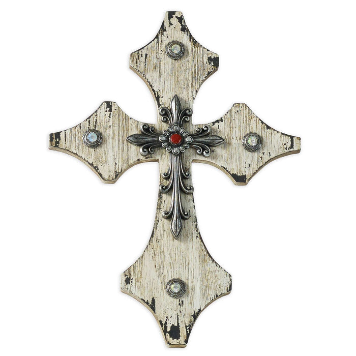 Cross - 15" x 11" Distressed Wooden Cross Wall Décor With Silver Accent 4 Per Carton - Cream