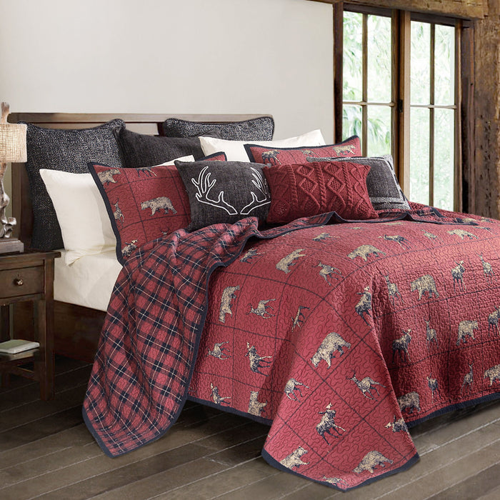 Woodland Plaid - King Reversible Quilt Set (Set of 3) - Red / Navy
