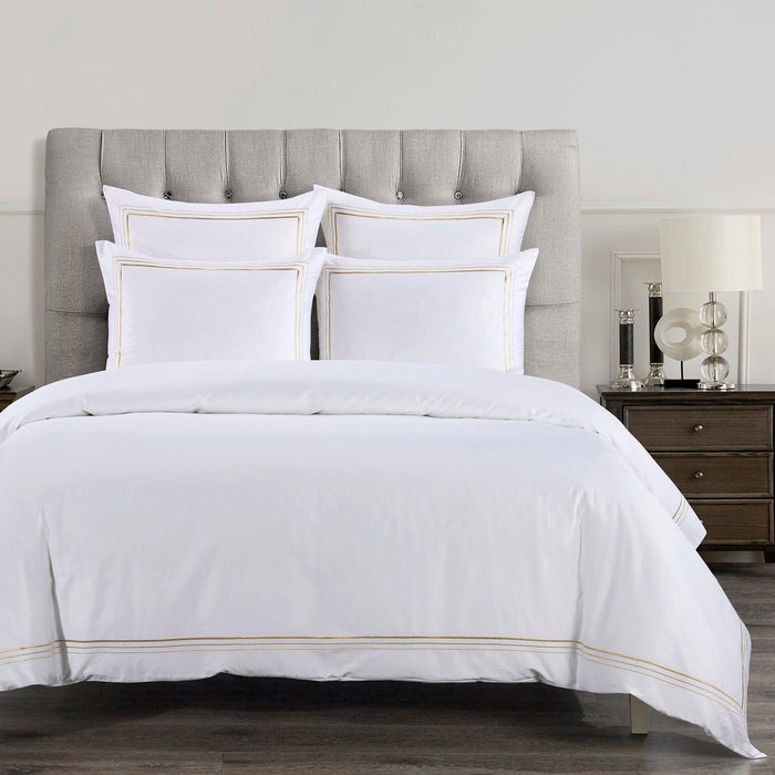 Border Embroidery - King Duvet Cover Set (Set of 3) - Light Gold / White