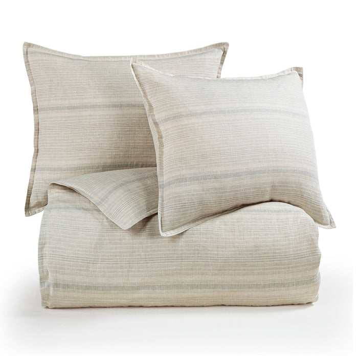 100% French Flax Linen - Queen Variegated Stripe Duvet Cover Set (Set of 3) - Natural / Light Blue