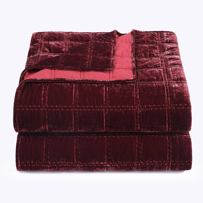Stella - King Faux Silk Velvet Double Box Stitch Quilt Set (Set of 3) - Garnet Red