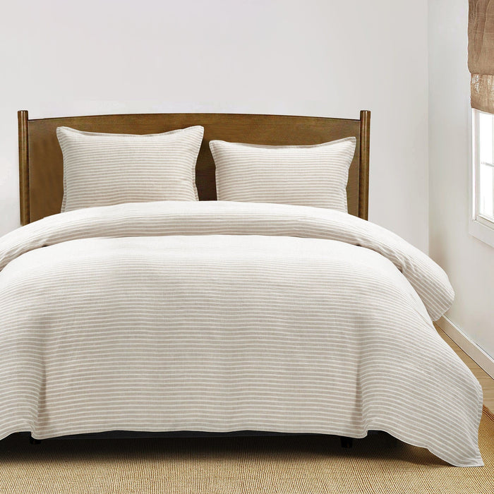 100% French Flax Linen - Queen Railroad Stripe Duvet Cover Set (Set of 3) - Natural