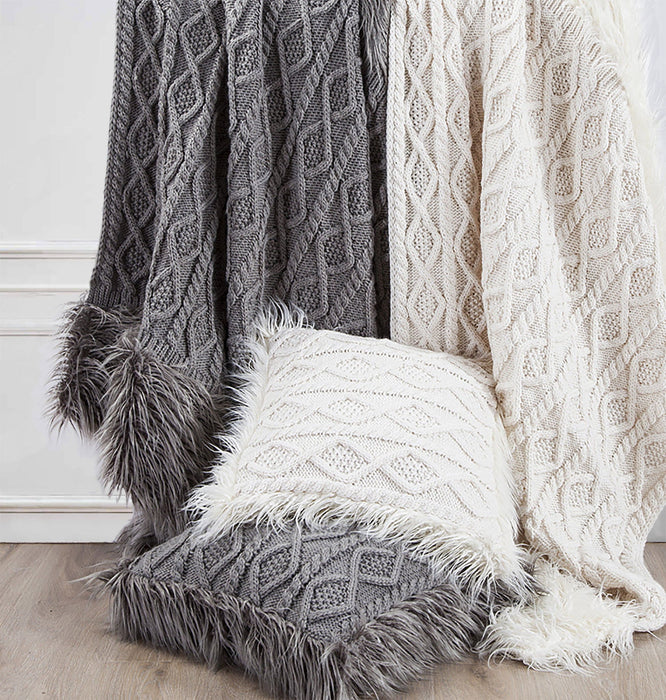Nordic - Cable Knit & Mongolian Fur Oversized Throw Blanket - Gray