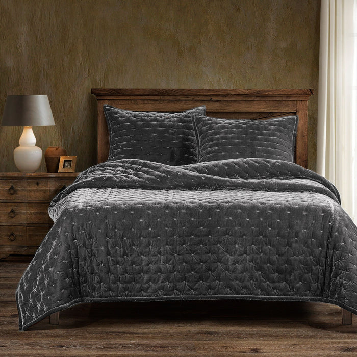 Stella - King Faux Silk Velvet Pintuck Quilt Set (Set of 3) - Dark Slate