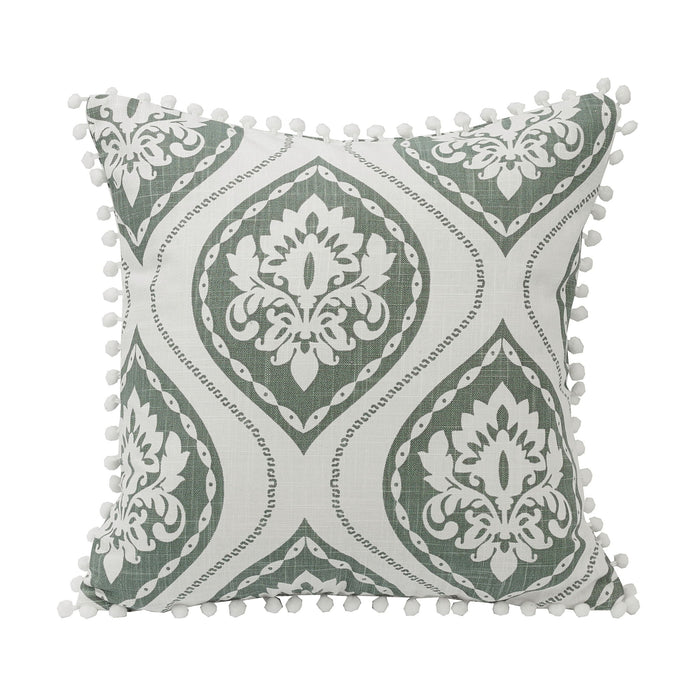 Belmont - Graphic Printed Pom Trimmed Throw Pillow - Green / White