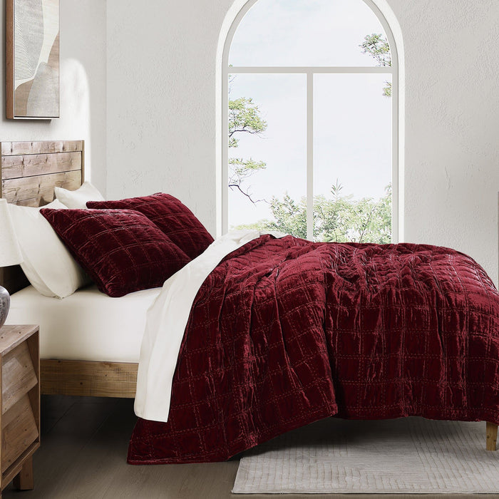Stella - Full/Queen Faux Silk Velvet Double Box Stitch Quilt Set (Set of 3) - Garnet Red