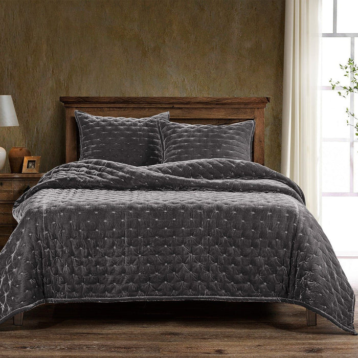 Stella - Full/Queen Faux Silk Velvet Pintuck Quilt Set (Set of 3) - Dark Slate