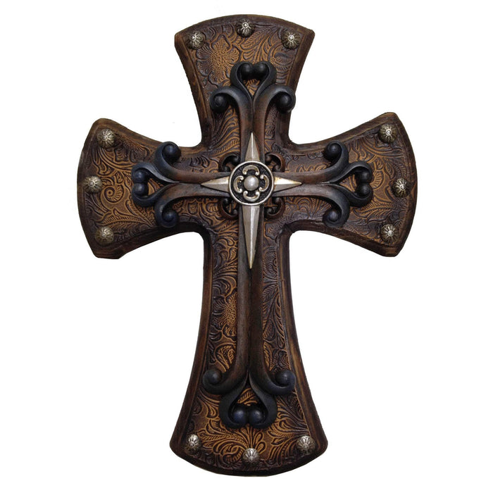 Cross - 15" x 11" Studded Tooled Leather Wooden Cross With Silver Cross Overlay 4 Per Carton - Brown