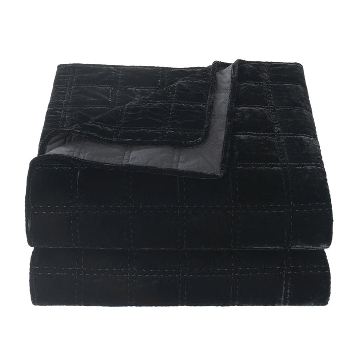 Stella - Full/Queen Faux Silk Velvet Double Box Stitch Quilt Set (Set of 3) - Black