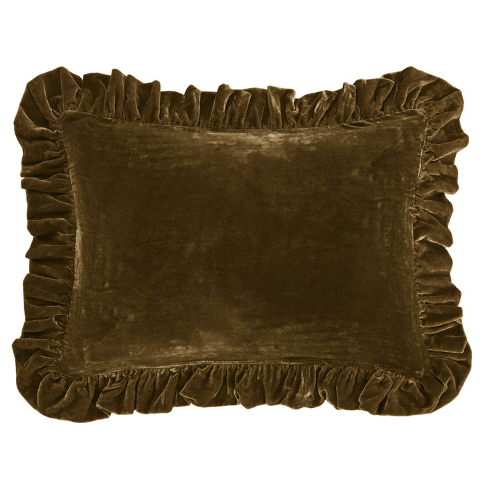 Stella - Faux Silk Velvet Ruffled Dutch Euro Pillow - Green Ochre