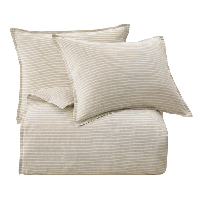100% French Flax Linen - Queen Railroad Stripe Duvet Cover Set (Set of 3) - Natural