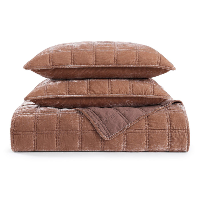 Stella - King Faux Silk Velvet Double Box Stitch Quilt Set (Set of 3) - Dusty Rose